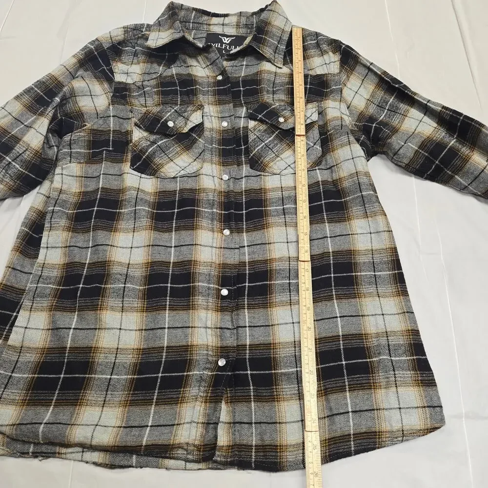WilFull Womens Large Pearl Snap Shirt Brown‎ Plaid Western Outdoors Rodeo